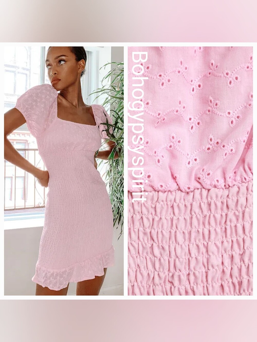 NWT Lulus x Lush Pink Smocked Eyelet Lace Mini Dress, XS